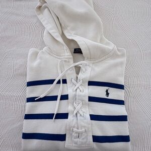 Polo Ralph Lauren Oversized Lace-Up Fleece Hoodie White Blue Stripes